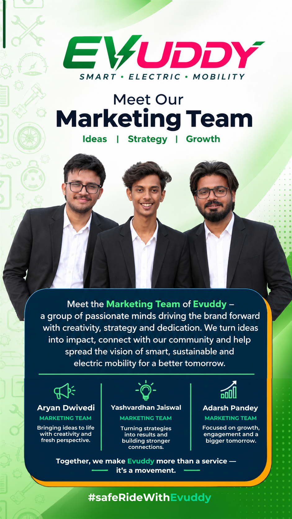 Aryan Dwivedi, Yashvardhan Jaiswal & Adarsh Pandey, Marketing Team at EVUDDY